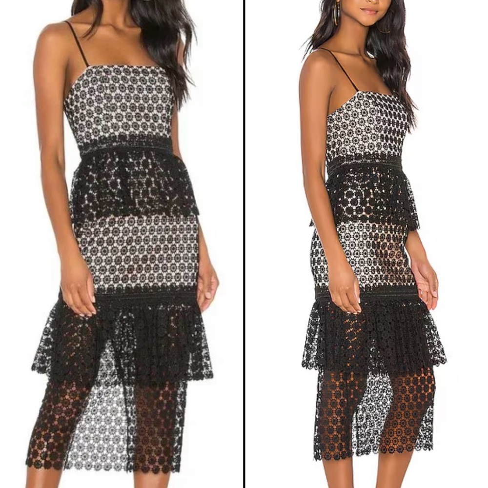 NBD Black & White Lace Peplum Midi Dress